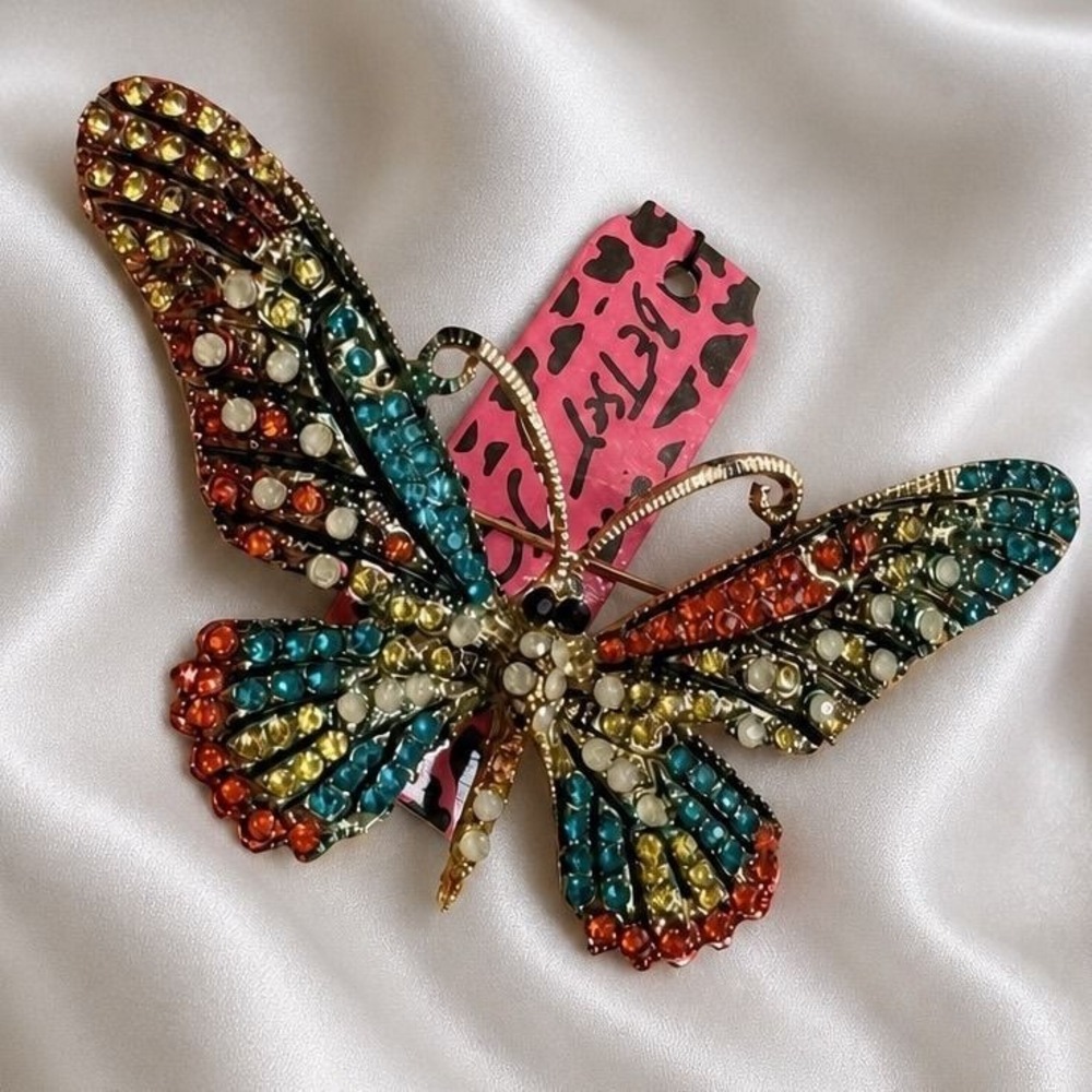 Betsey Johnson Multicolored Rhinestone Butterfly Brooch Gold Tone Statement Pin